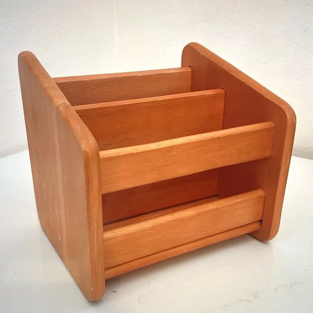 Three-Compartment Wooden Mail & Stationery Caddy - Light Honey Wood